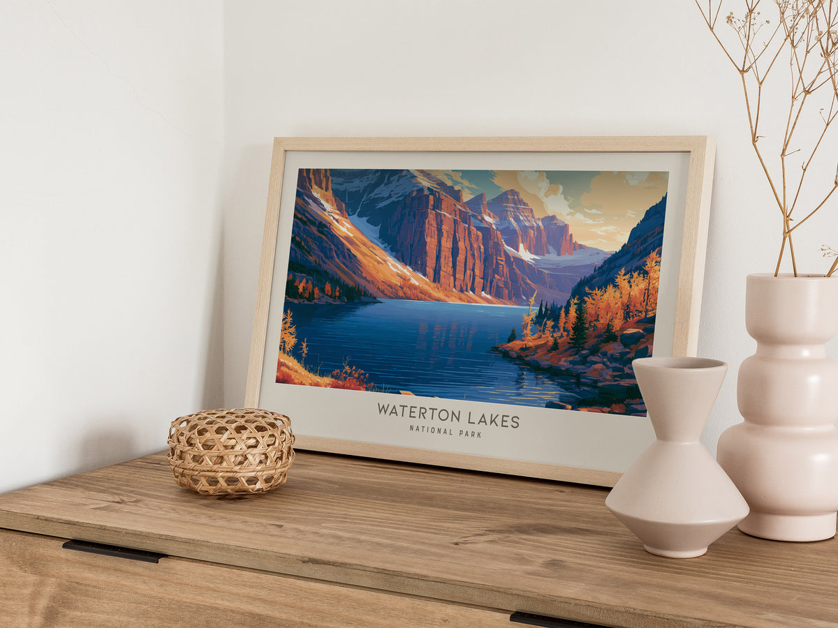 Waterton Lakes Landscape Matte Border Poster | National Park Framed or Unframed Travel Gift — 12x18 in