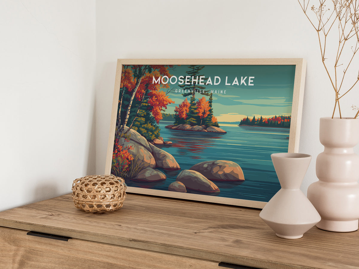 Moosehead Lake Landscape Poster | Greenville, Maine Travel Gift Lakeside Wall Art — 12x18 in