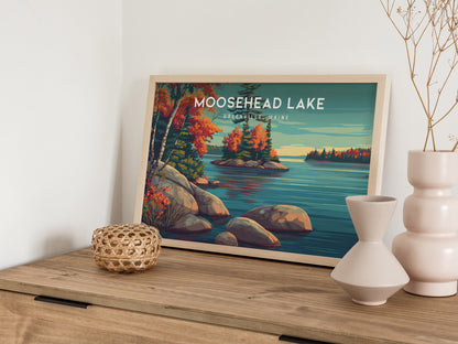 Moosehead Lake Landscape Poster | Greenville, Maine Travel Gift Lakeside Wall Art — 12x18 in