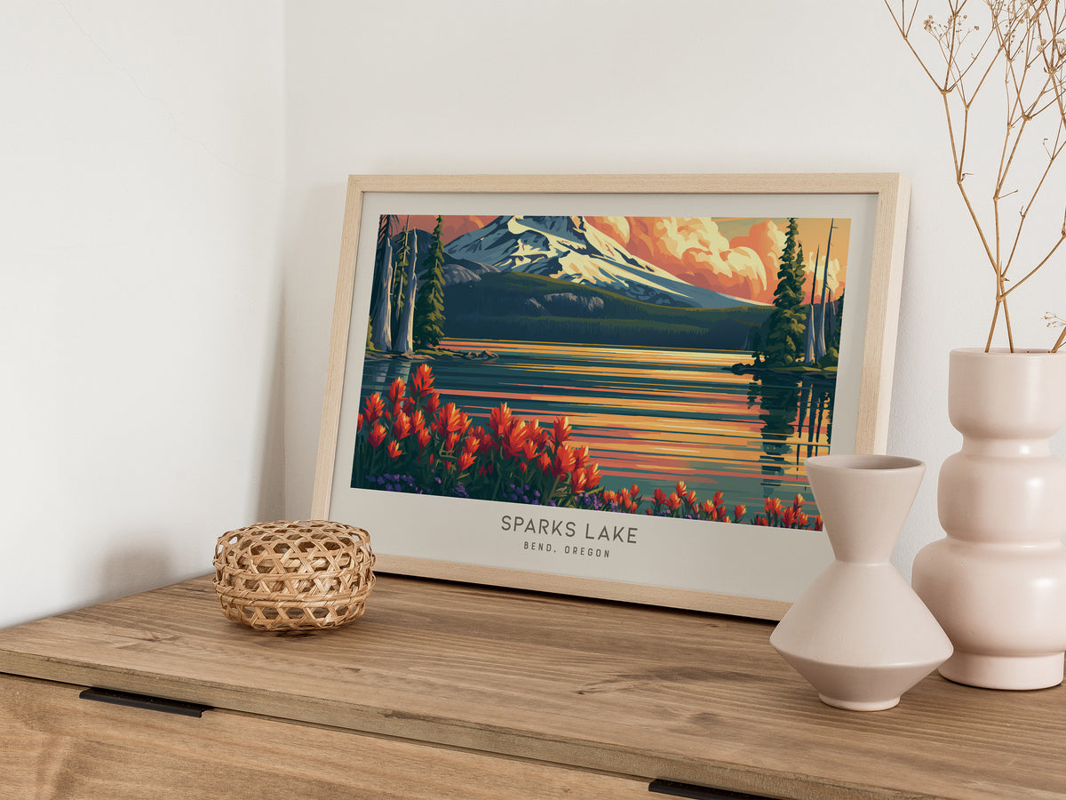 Sparks Lake Landscape Matte Border Poster | Bend, Oregon Travel Gift Wall Art — 12x18 in