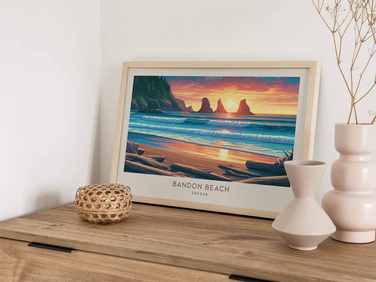 Bandon Beach Landscape Matte Border Poster | Oregon Destination Print Travel Gift — 12x18 in