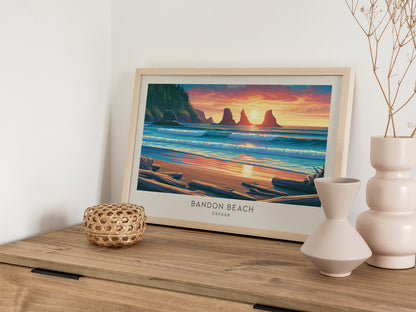 Bandon Beach Landscape Matte Border Poster | Oregon Destination Print Travel Gift — 12x18 in