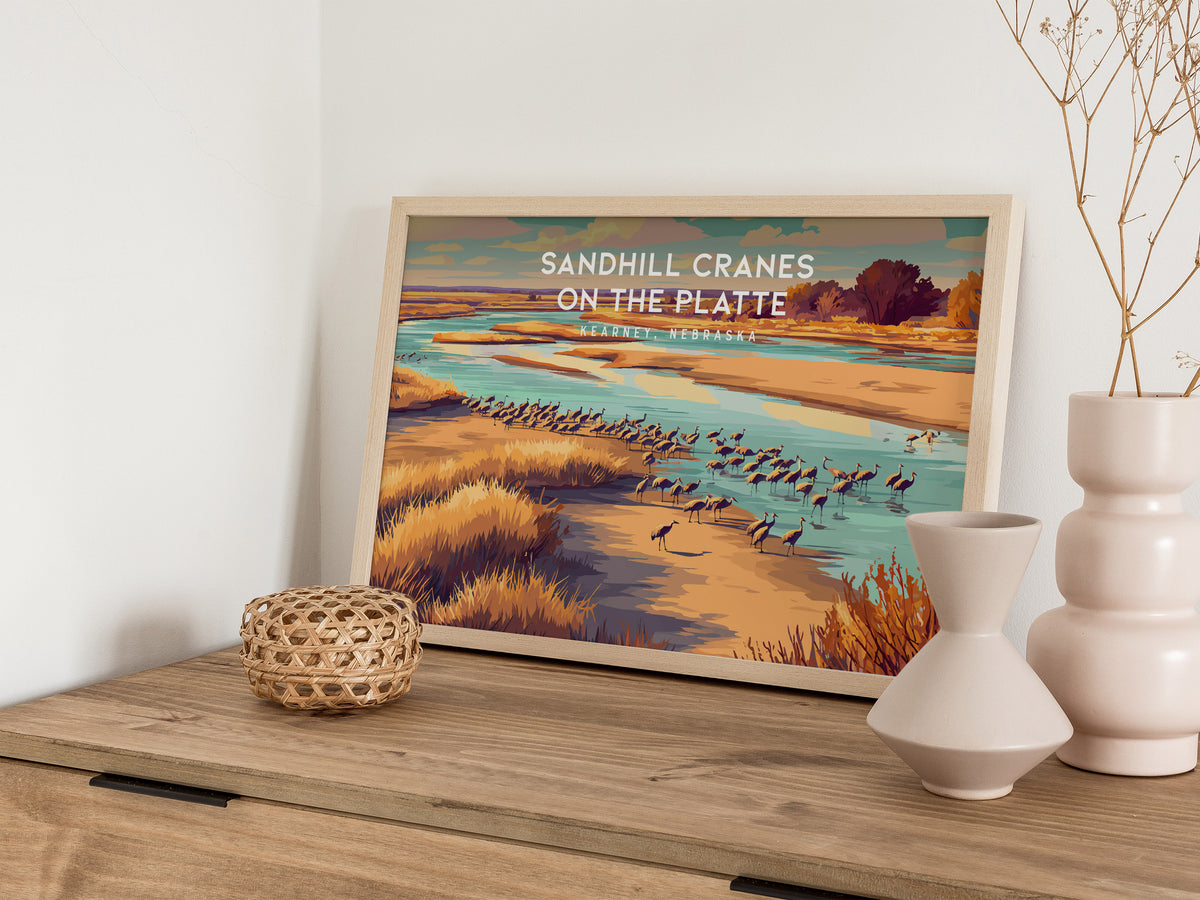 Sandhill Cranes on the Platte Landscape Poster | Kearney, Nebraska Vacation Wall Art — 12x18 in