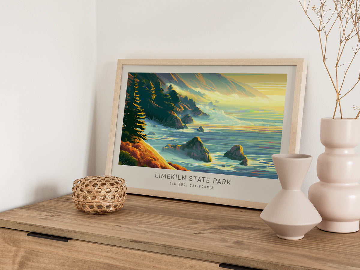 Limekiln State Park Landscape Matte Border Poster | Big Sur, California Coastal Beach Decor — 12x18 in