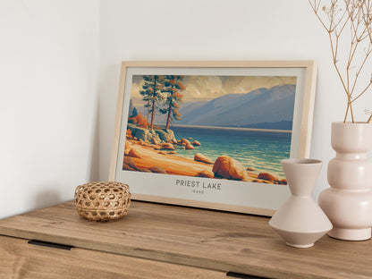 Priest Lake Landscape Matte Border Poster | Idaho Travel Gift Beach House Decor — 12x18 in