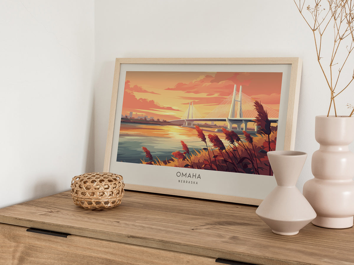 Omaha Landscape Matte Border Poster | Nebraska Framed or Unframed Vacation Wall Art — 12x18 in