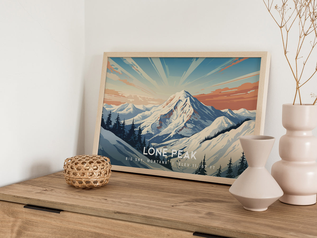 Lone Peak, Big Sky, Montana Landscape Poster | Mountain Destination Print Wall Art — 12x18 in