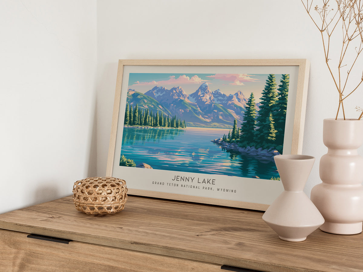 Jenny Lake Landscape Matte Border Poster | Grand Teton National Park, Wyoming Vacation Wall Art — 12x18 in