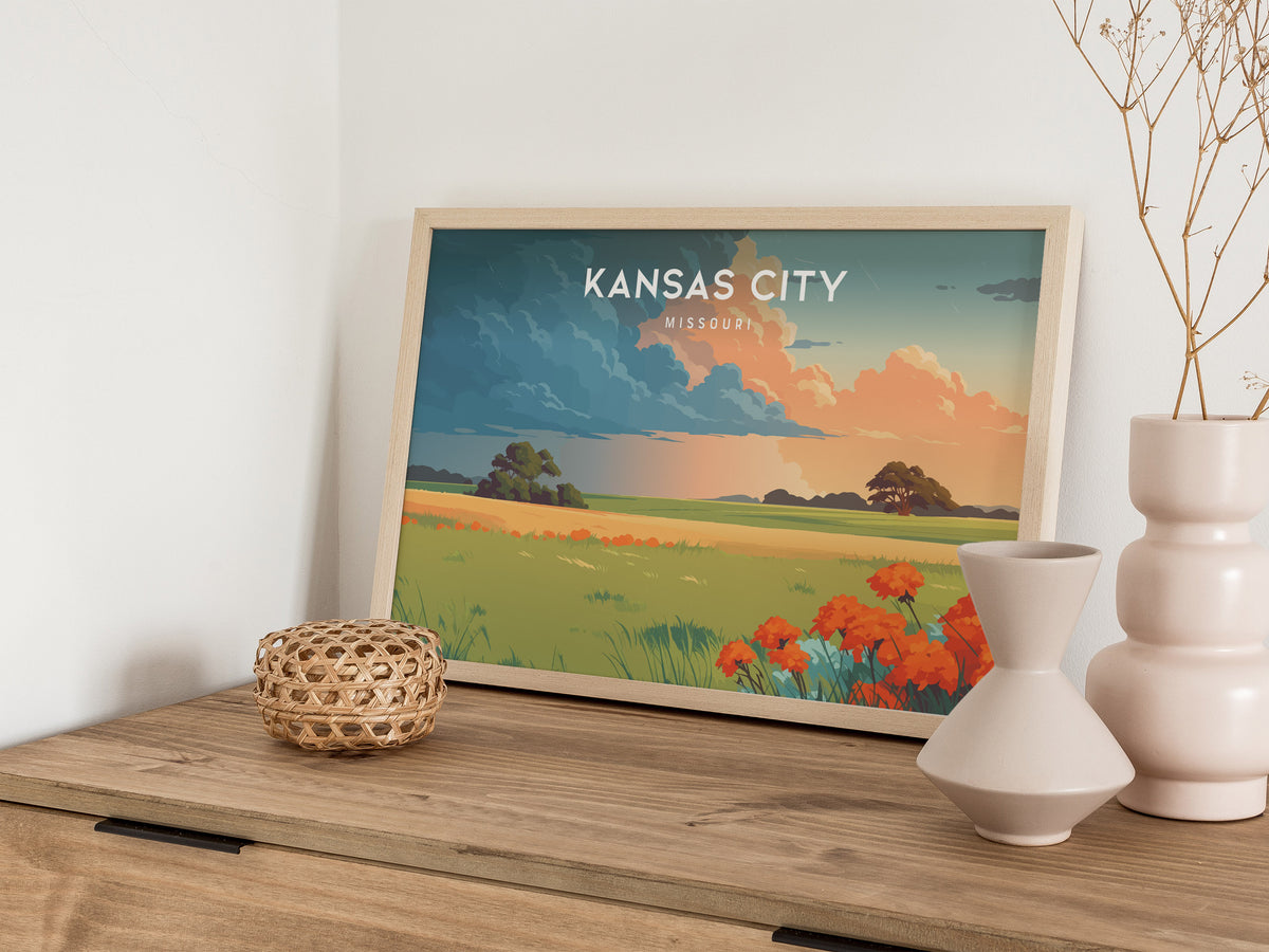 Kansas City, Missouri Landscape Poster | BBQ Jazz & Skyline Travel Gift Wall Art — 12x18 in