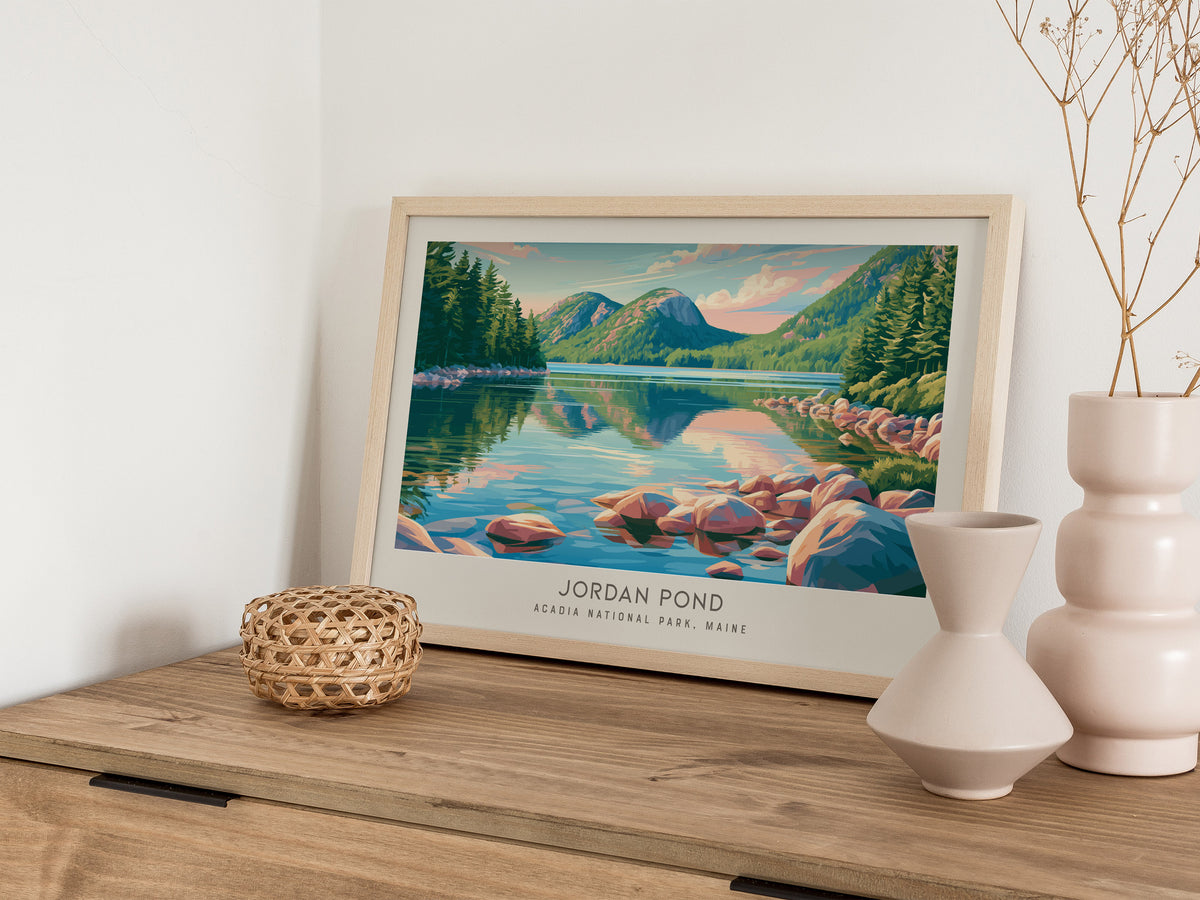 Jordan Pond Landscape Matte Border Poster | Acadia National Park, Maine Travel Wall Art — 12x18 in