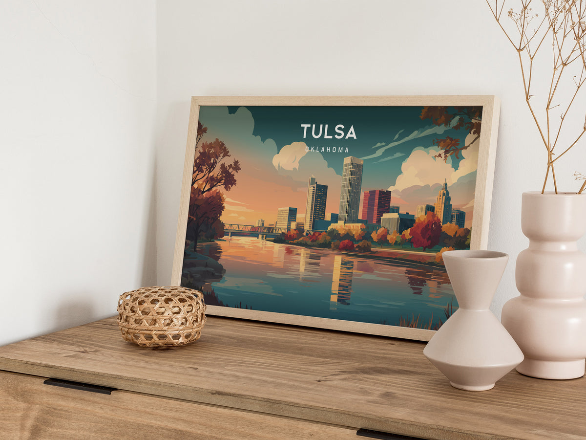Tulsa, Oklahoma Landscape Poster | Golden Driller & Downtown Vacation Wall Art — 12x18 in
