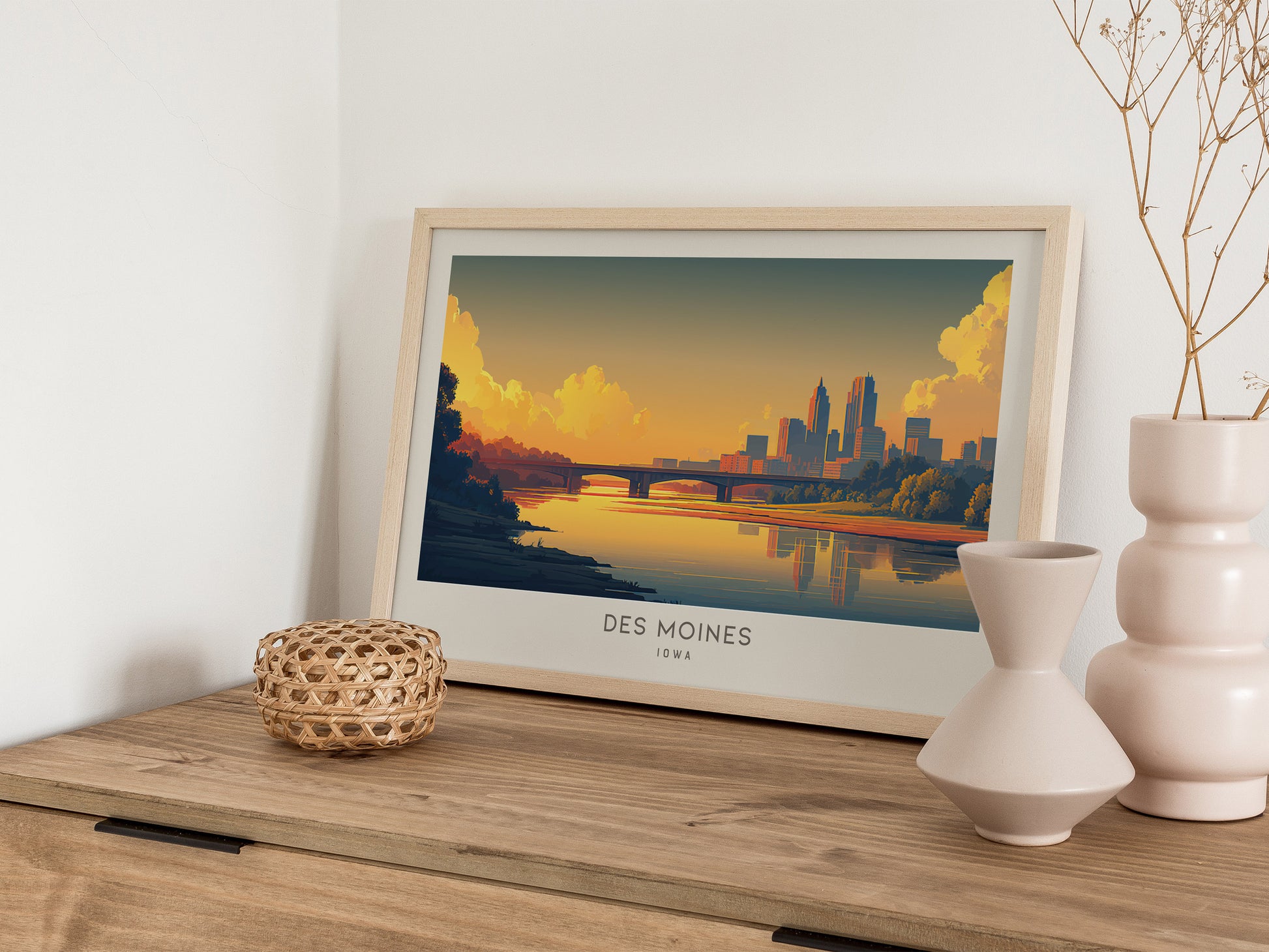 Des Moines Landscape Matte Border Poster | Iowa Travel Wall Art — 12x18 in