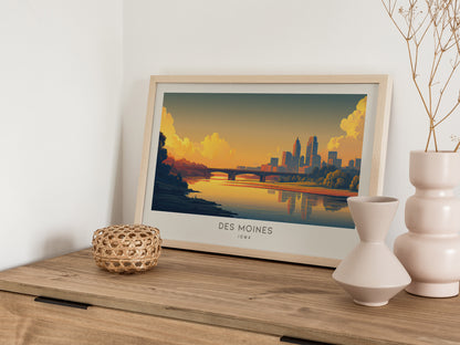 Des Moines Landscape Matte Border Poster | Iowa Travel Wall Art — 12x18 in