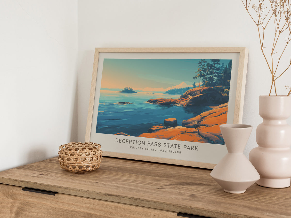 Deception Pass State Park Landscape Matte Border Poster | Whidbey Island, Washington Destination Print Travel Wall Art — 12x1