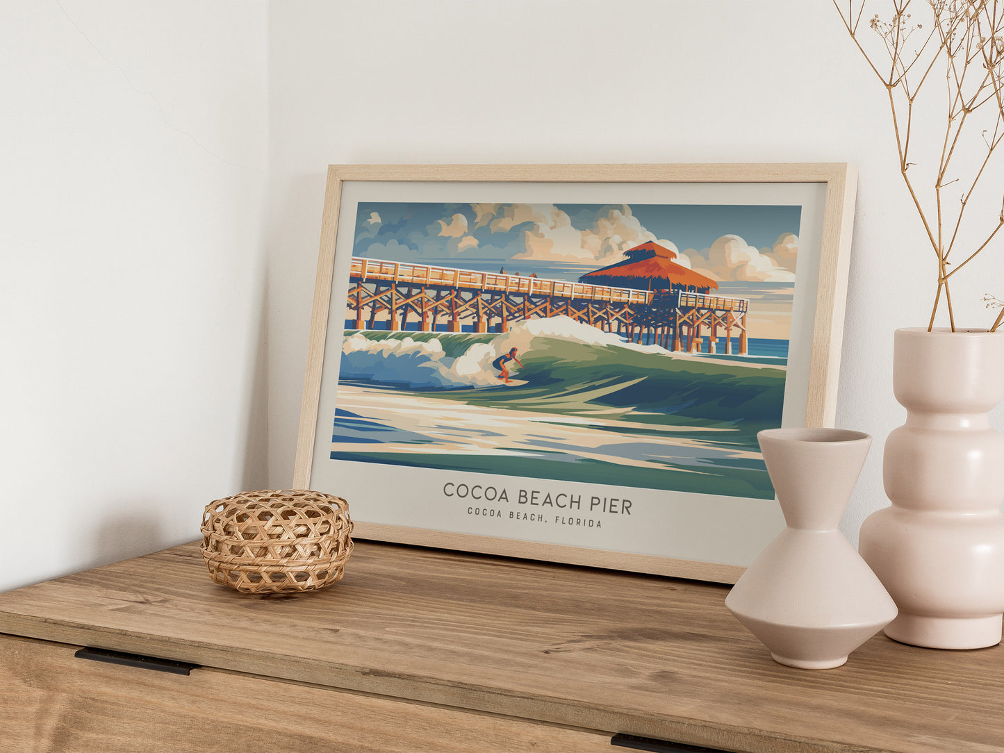 Cocoa Beach Pier Landscape Matte Border Poster | Travel Wall Art — 12x18 in