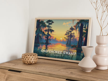 Okefenokee Swamp, Georgia Landscape Poster | Travel Gift Swampland Wildlife Wall Art — 12x18 in