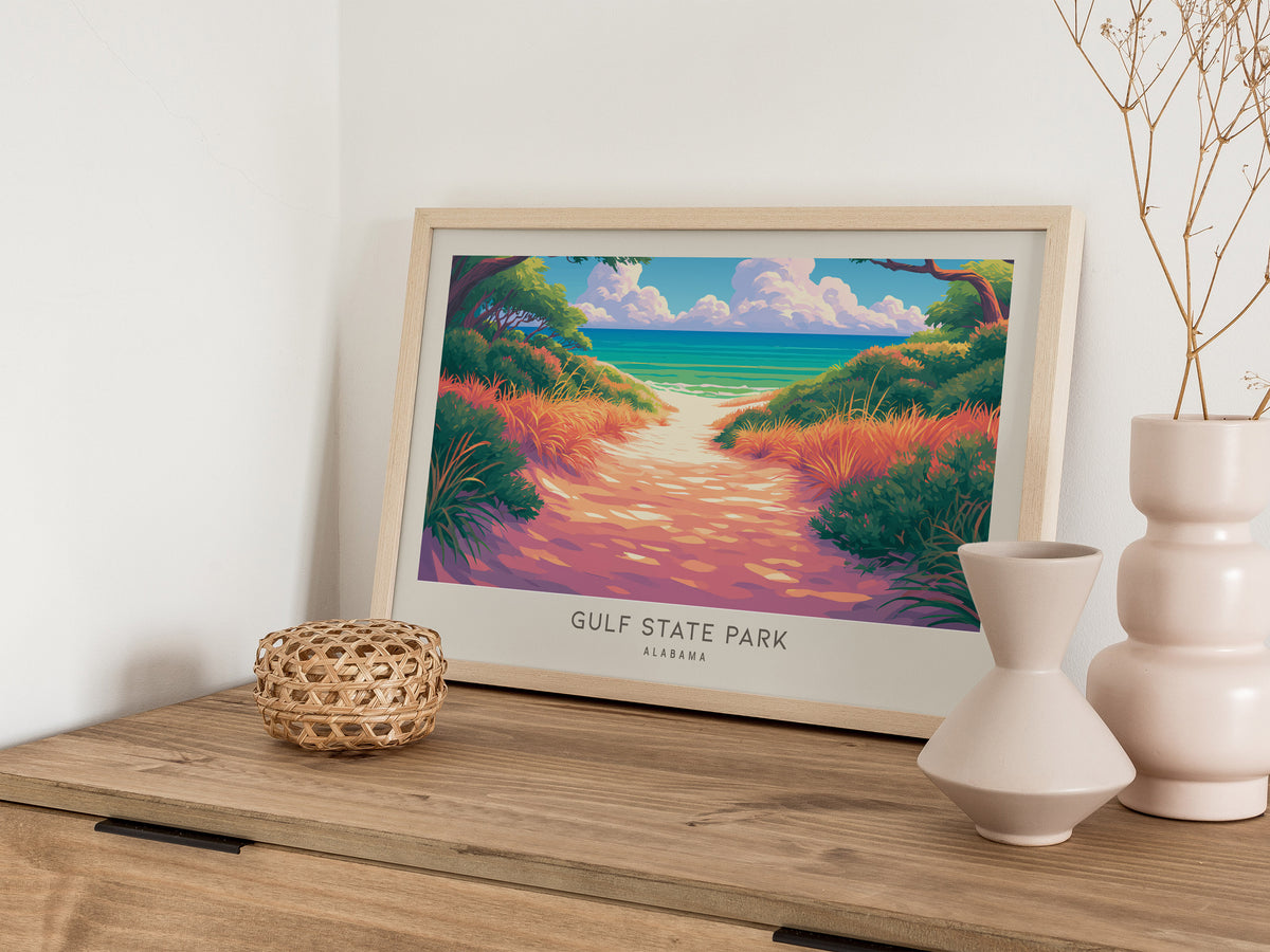 Gulf State Park Landscape Matte Border Poster | Alabama Vacation Wall Art Tropical Beach Print — 12x18 in