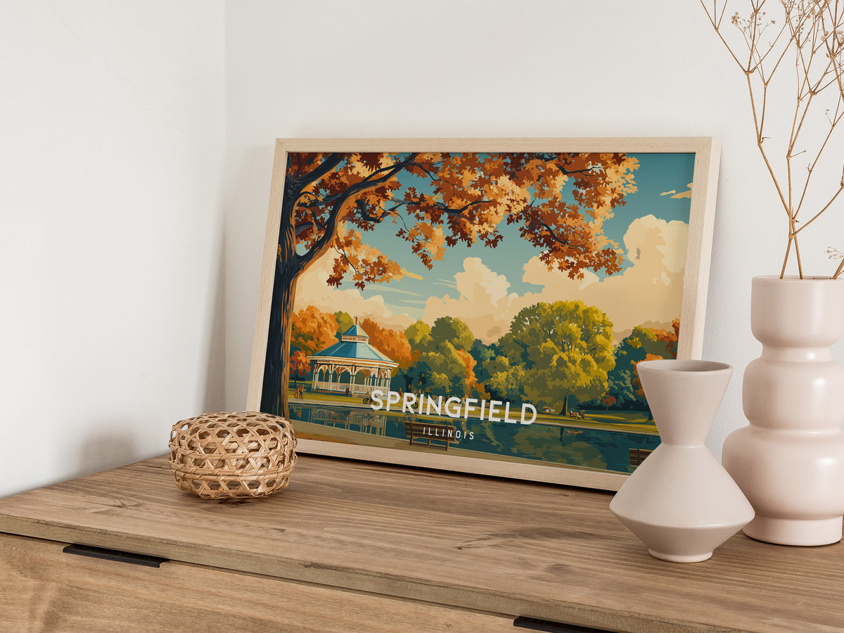 Springfield, Illinois Landscape Poster | Historic Route 66 Prairie Framed or Unframed Wall Art — 12x18 in