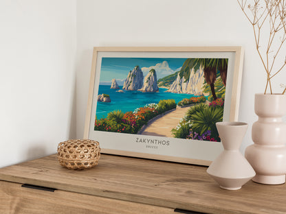 Zakynthos Zakyntos Landscape Matte Border Poster | Greece Coastal Beach Decor Vacation Wall Art — 12x18 in