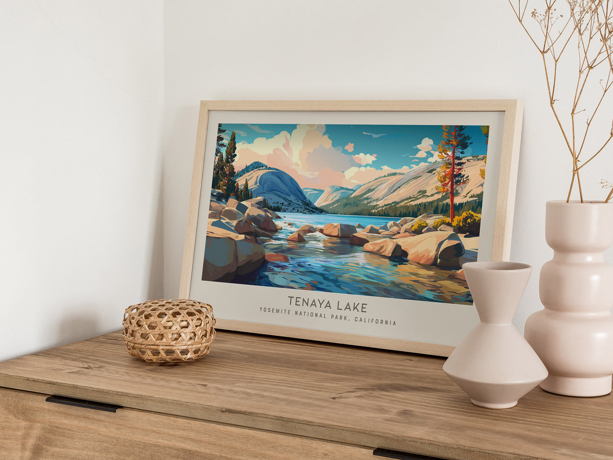 Tenaya Lake Landscape Matte Border Poster | Yosemite National Park, California Framed or Unframed Travel Gift — 12x18 in