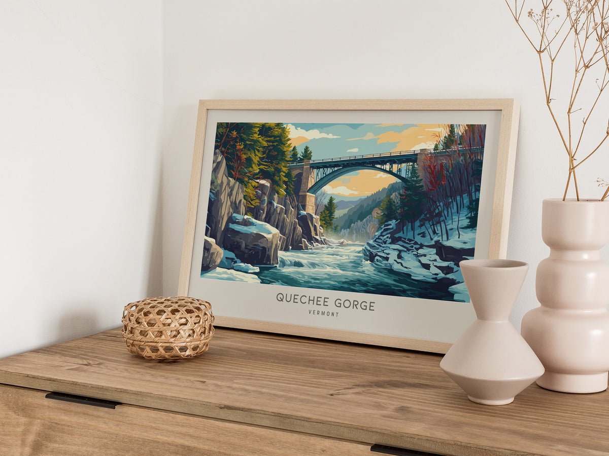 Quechee Gorge Landscape Matte Border Poster | Vermont Travel Gift Vacation Wall Art — 12x18 in