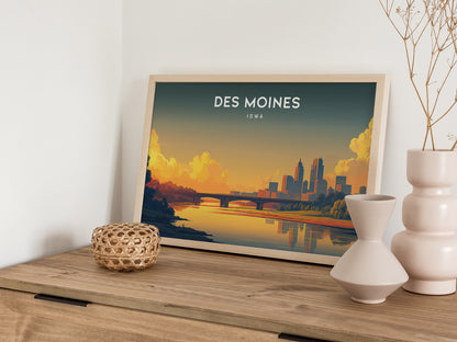 Des Moines, Iowa Landscape Poster | Heartland Skyline Travel Wall Art — 12x18 in