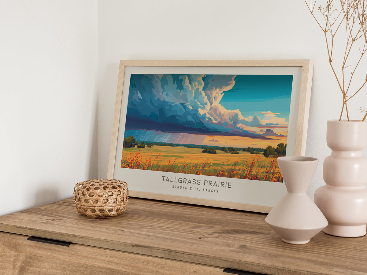 Tallgrass Prairie Landscape Matte Border Poster | Strong City, Kansas Framed or Unframed Travel Gift — 12x18 in