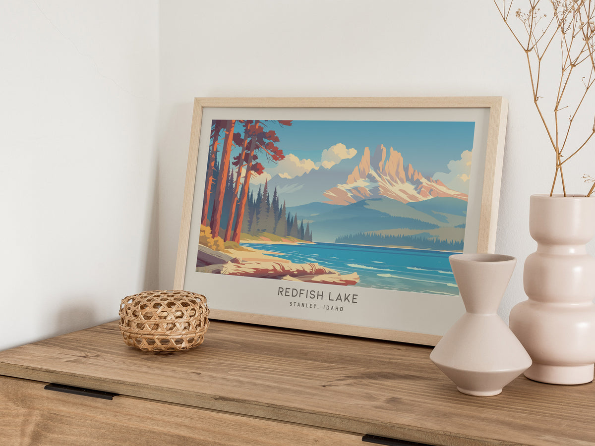 Redfish Lake Landscape Matte Border Poster | Stanley, Idaho Framed or Unframed Travel Gift — 12x18 in