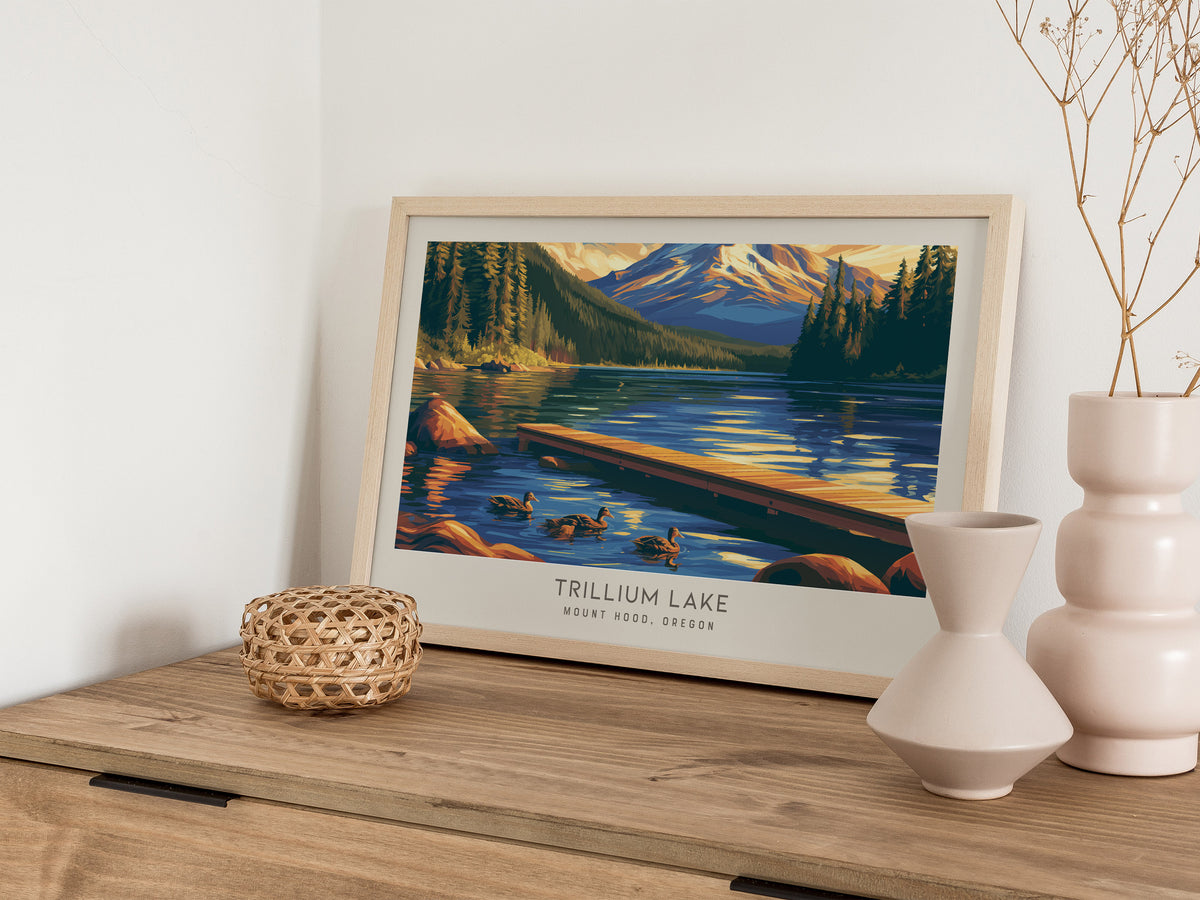 Trillium Lake Landscape Matte Border Poster | Mount Hood, Oregon Travel Gift Print — 12x18 in