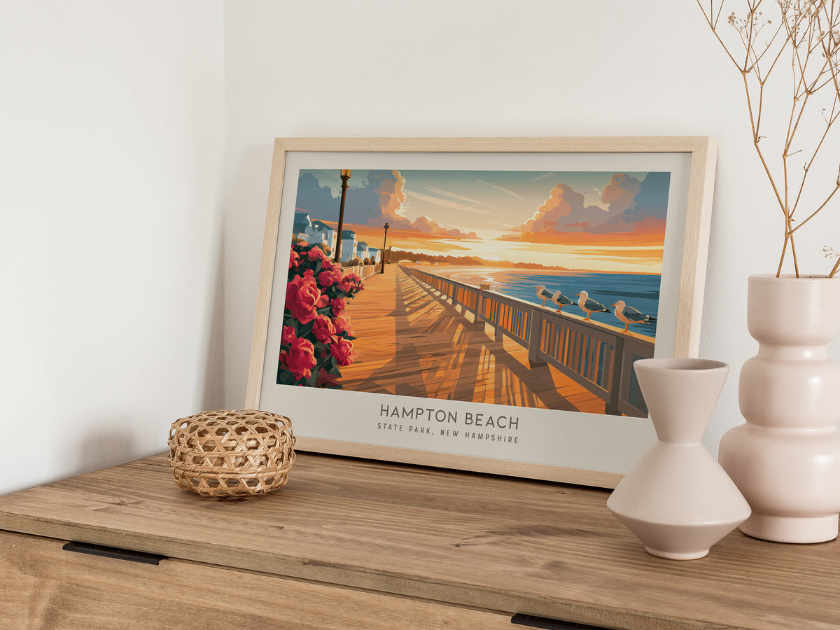 Hampton Beach Landscape Matte Border Poster | State Park, New Hampshire Travel Wall Art — 12x18 in