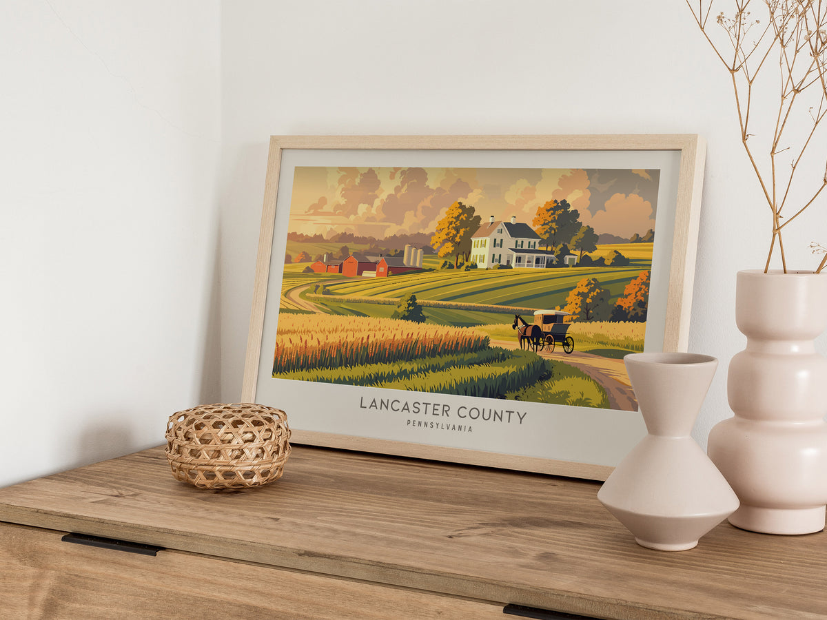 Lancaster County Landscape Matte Border Poster | Pennsylvania Travel Gift Vacation Wall Art — 12x18 in