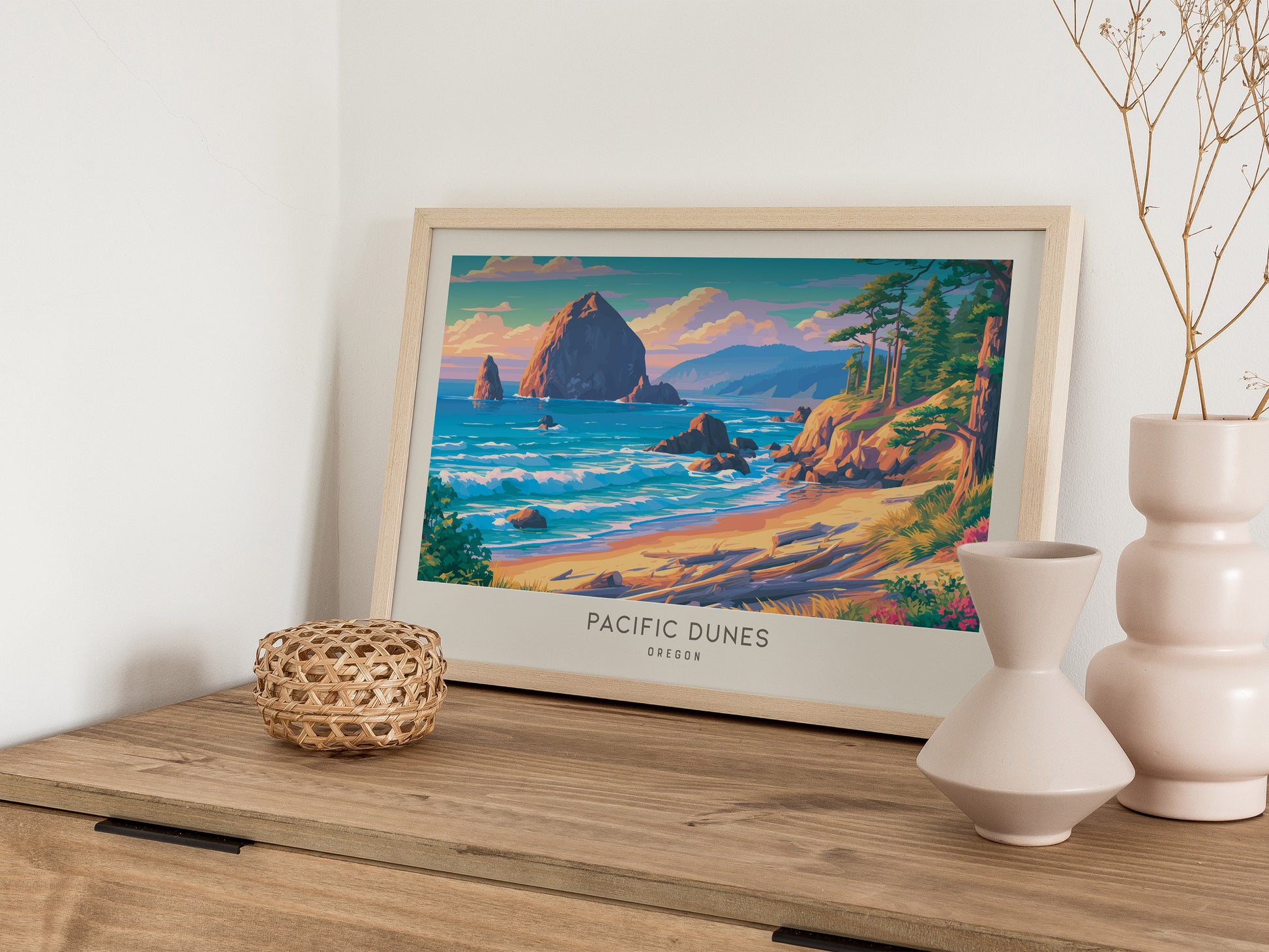 Pacific Dunes Landscape Matte Border Poster | Oregon Coastal Beach Decor — 12x18 in