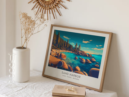 Sand Harbor Landscape Matte Border Poster | Lake Tahoe, Nevada Vacation Wall Art — 16x20 in
