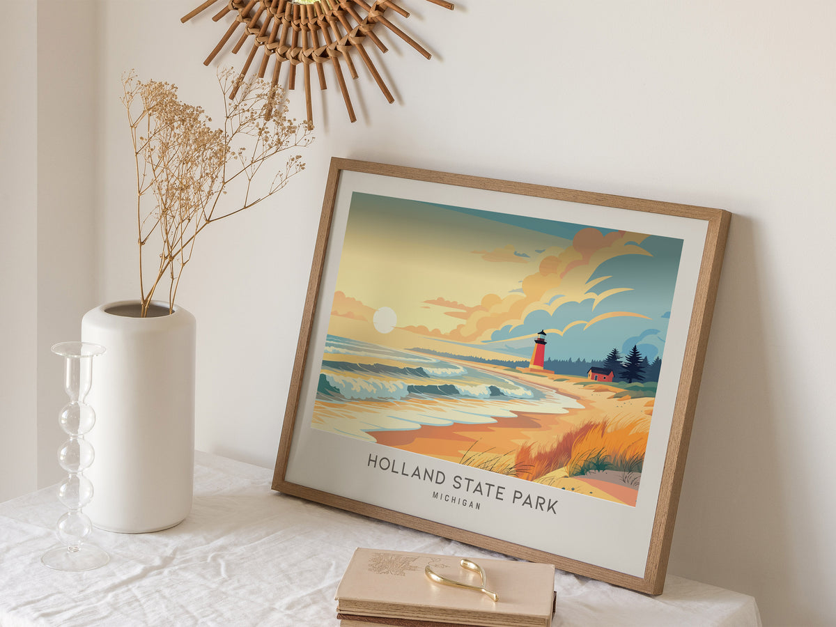 Holland State Park Landscape Matte Border Poster | Michigan Beach House Decor Vacation Wall Art — 16x20 in