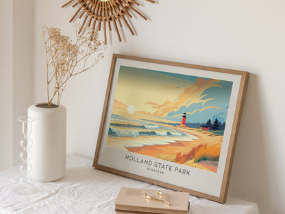 Holland State Park Landscape Matte Border Poster | Michigan Beach House Decor Vacation Wall Art — 16x20 in