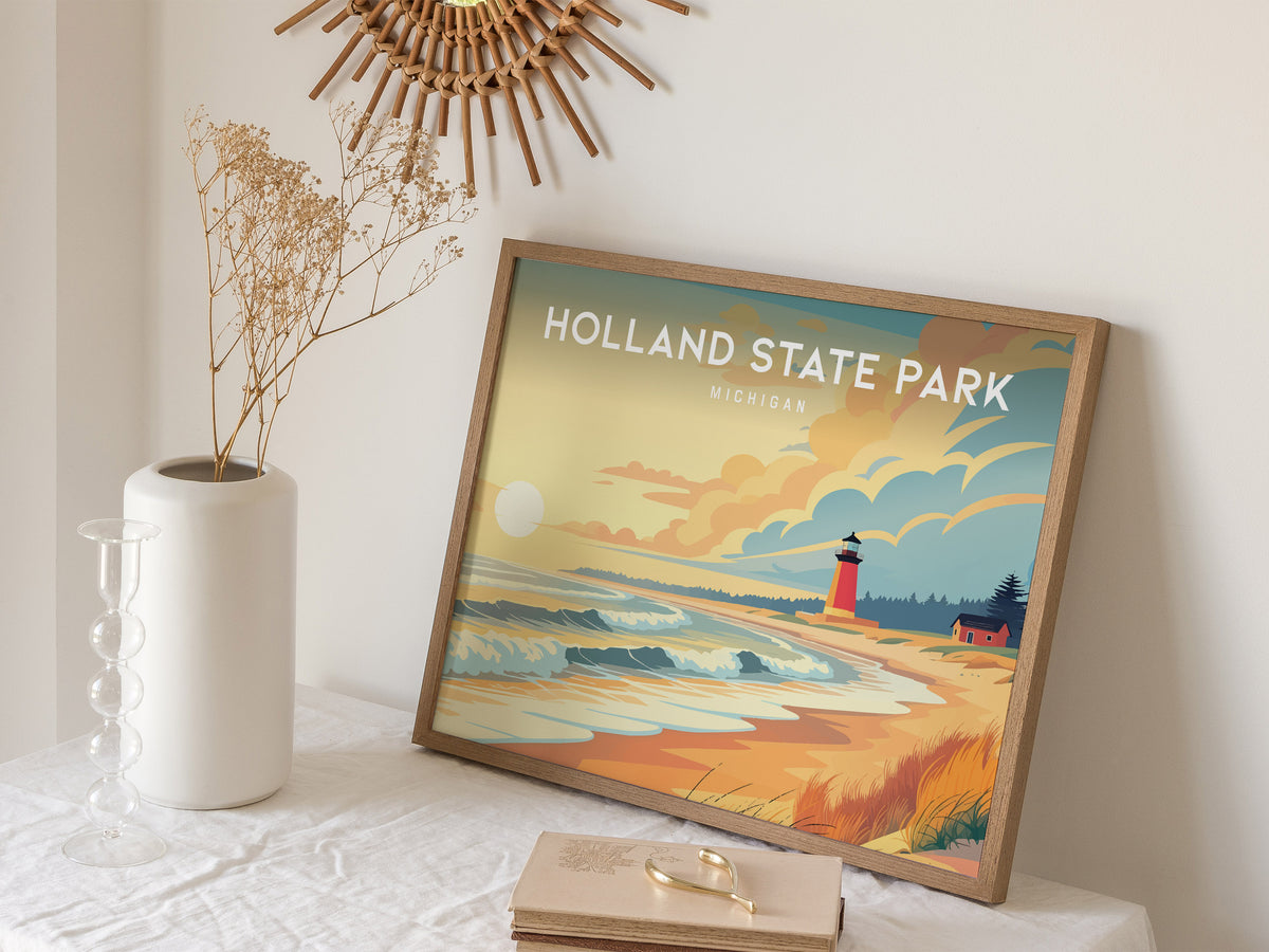 Holland State Park Landscape, Michigan Poster | Big Red Lighthouse Destination Print Wall Art — 16x20 in