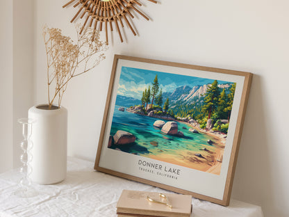 Donner Lake Landscape Matte Border Poster | Truckee, California Framed or Unframed Travel Gift — 16x20 in