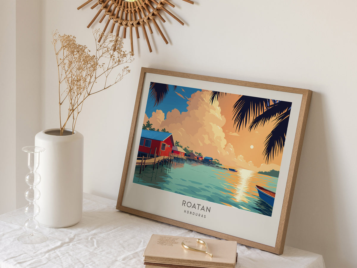 Roatan Landscape Matte Border Poster | Honduras Vacation Wall Art Beach House Decor — 16x20 in