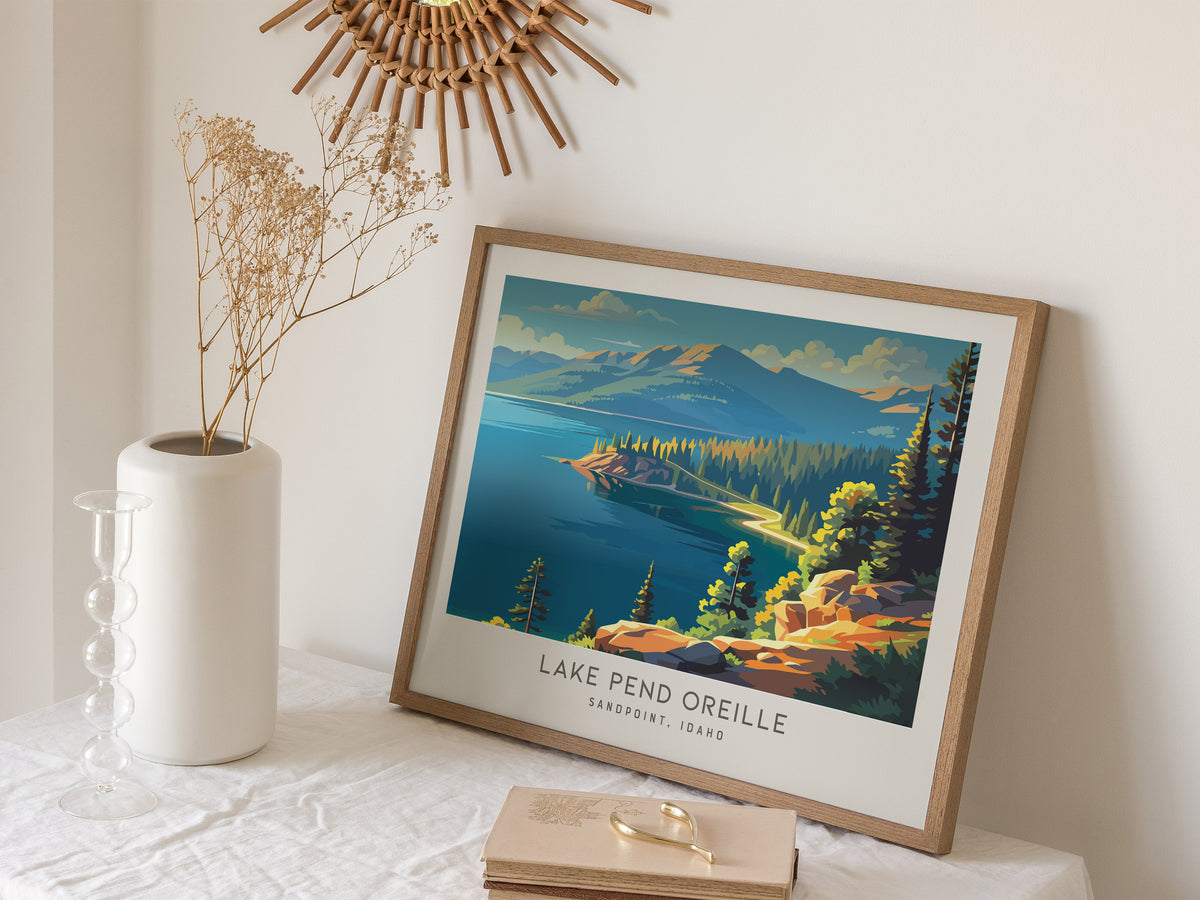 Lake Pend Oreille Landscape Matte Border Poster | Sandpoint, Idaho Framed or Unframed Travel Gift — 16x20 in