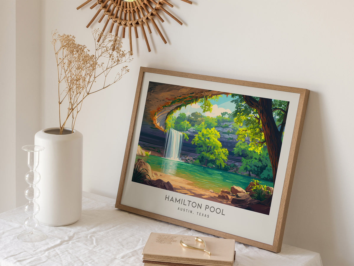 Hamilton Pool Landscape Matte Border Poster | Austin, Texas Travel Gift & Natural Grotto Wall Art — 16x20 in