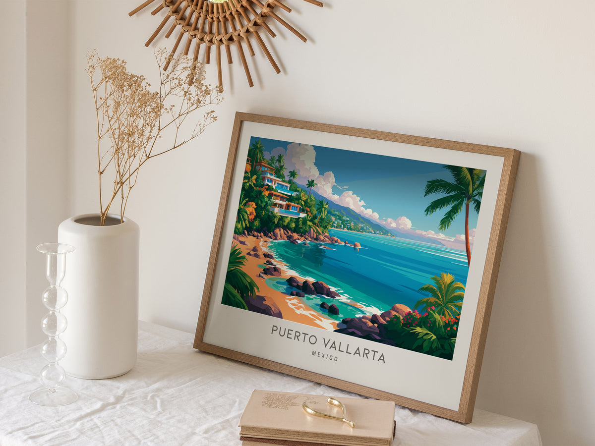 Puerto Vallarta Landscape Matte Border Poster | Mexico Coastal Beach Decor Framed or Unframed — 16x20 in
