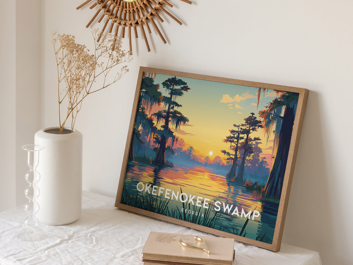 Okefenokee Swamp, Georgia Landscape Poster | Travel Gift Swampland Wildlife Wall Art — 16x20 in