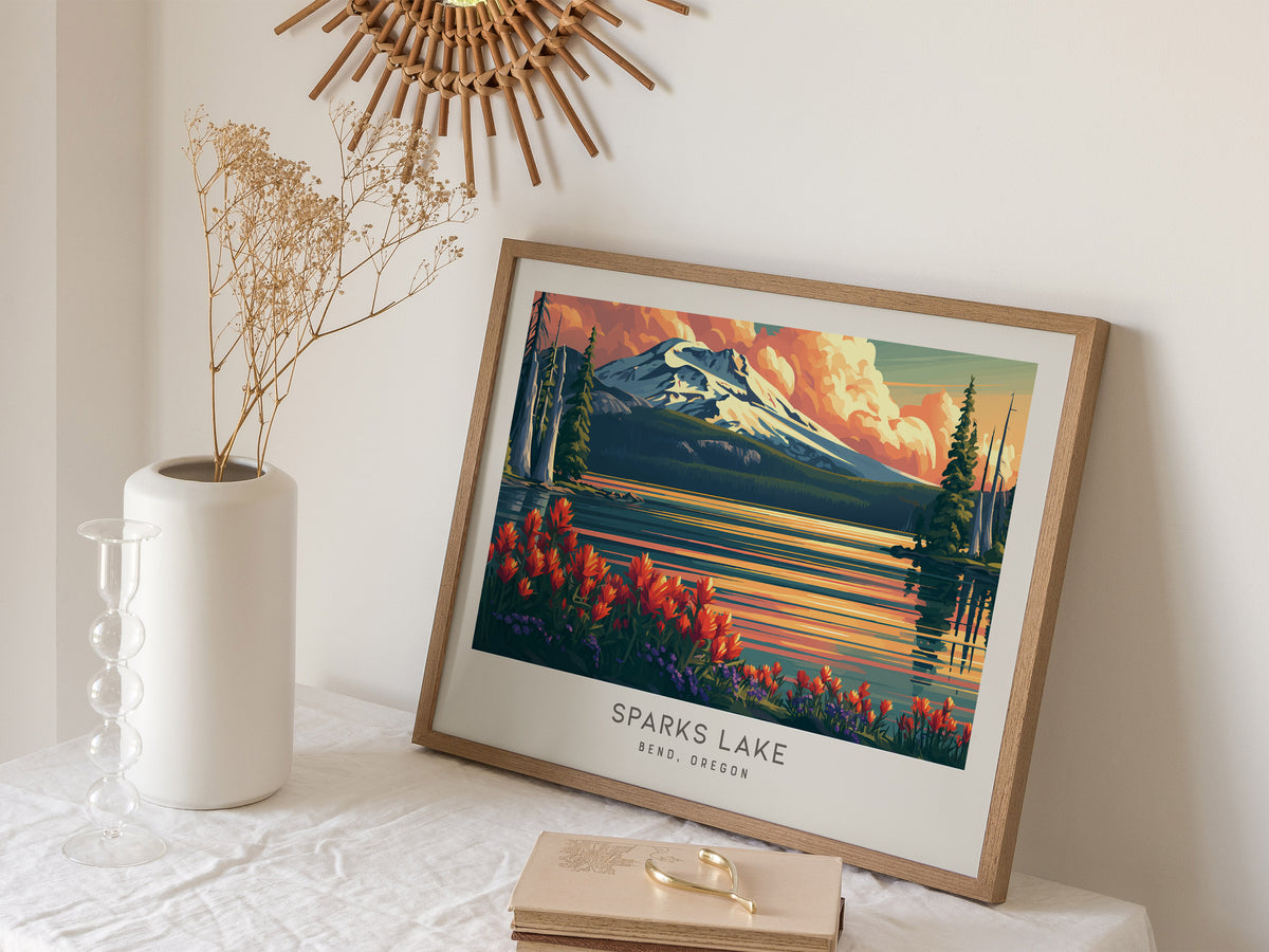 Sparks Lake Landscape Matte Border Poster | Bend, Oregon Travel Gift Wall Art — 16x20 in