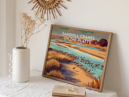Sandhill Cranes on the Platte Landscape Poster | Kearney, Nebraska Vacation Wall Art — 16x20 in