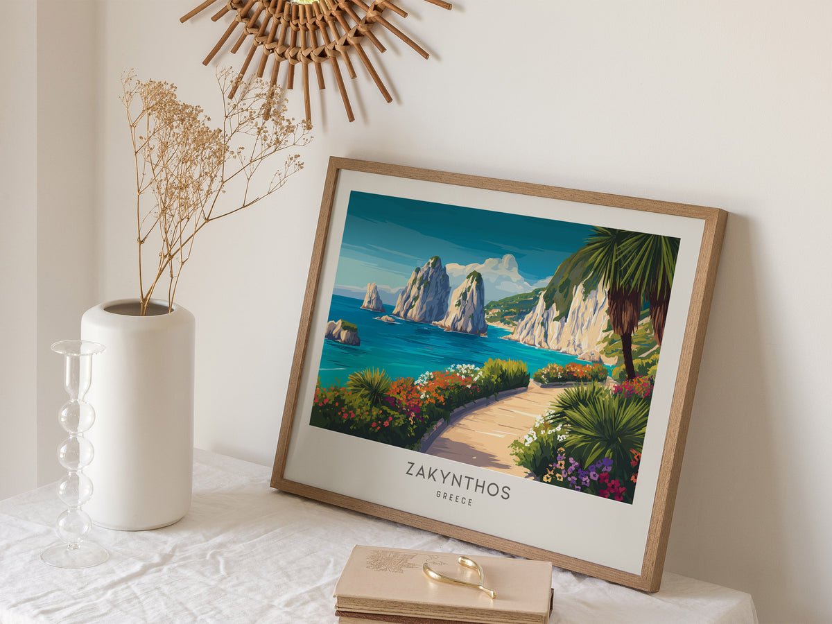Zakynthos Zakyntos Landscape Matte Border Poster | Greece Coastal Beach Decor Vacation Wall Art — 16x20 in