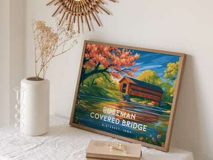 Roseman Covered Bridge Landscape Poster | Winterset, Iowa Travel Gift Wall Art — 16x20 in