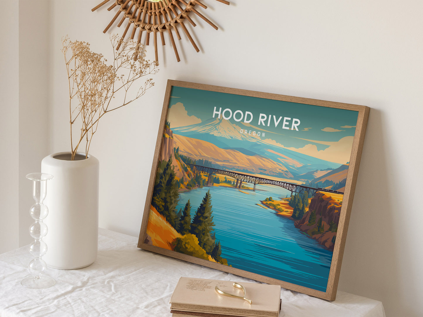 Hood River, Oregon Landscape Poster | Columbia River Gorge Destination Print Wall Art — 16x20 in