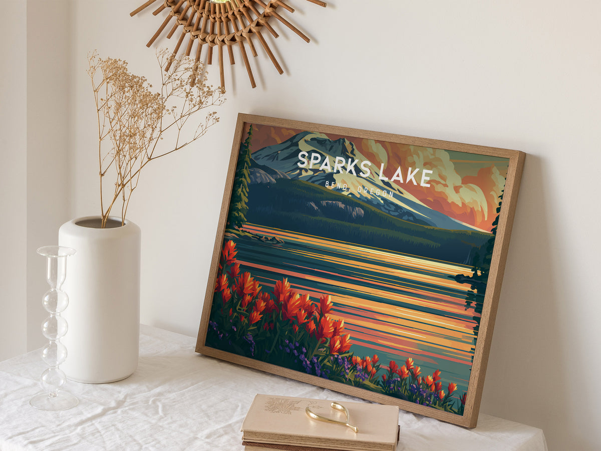 Sparks Lake Landscape Poster | Bend, Oregon Alpine Lake Framed or Unframed Travel Wall Art — 16x20 in