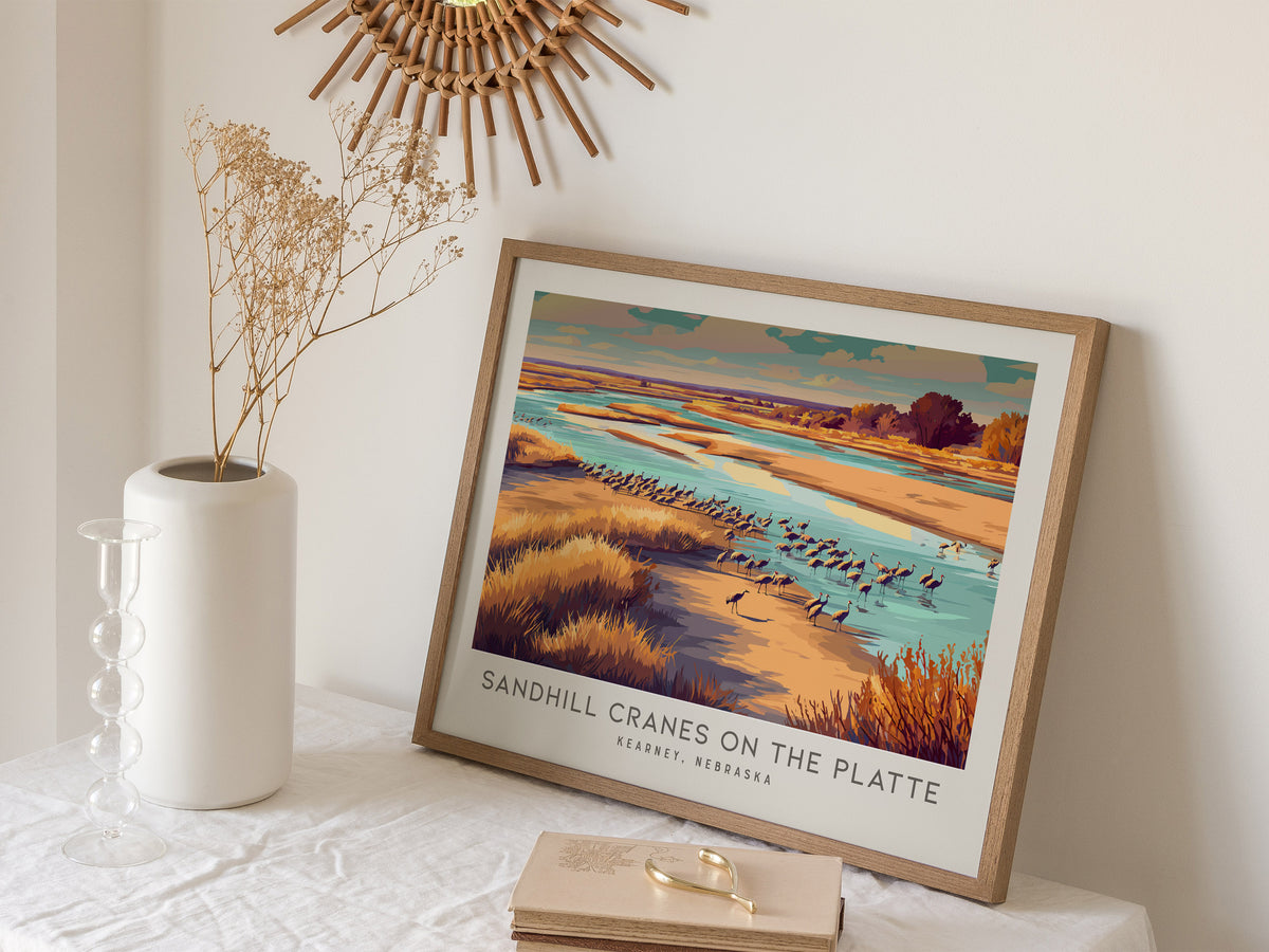Sandhill Cranes on the Platte Landscape Matte Border Poster | Kearney, Nebraska Framed or Unframed Travel Gift — 16x20 in