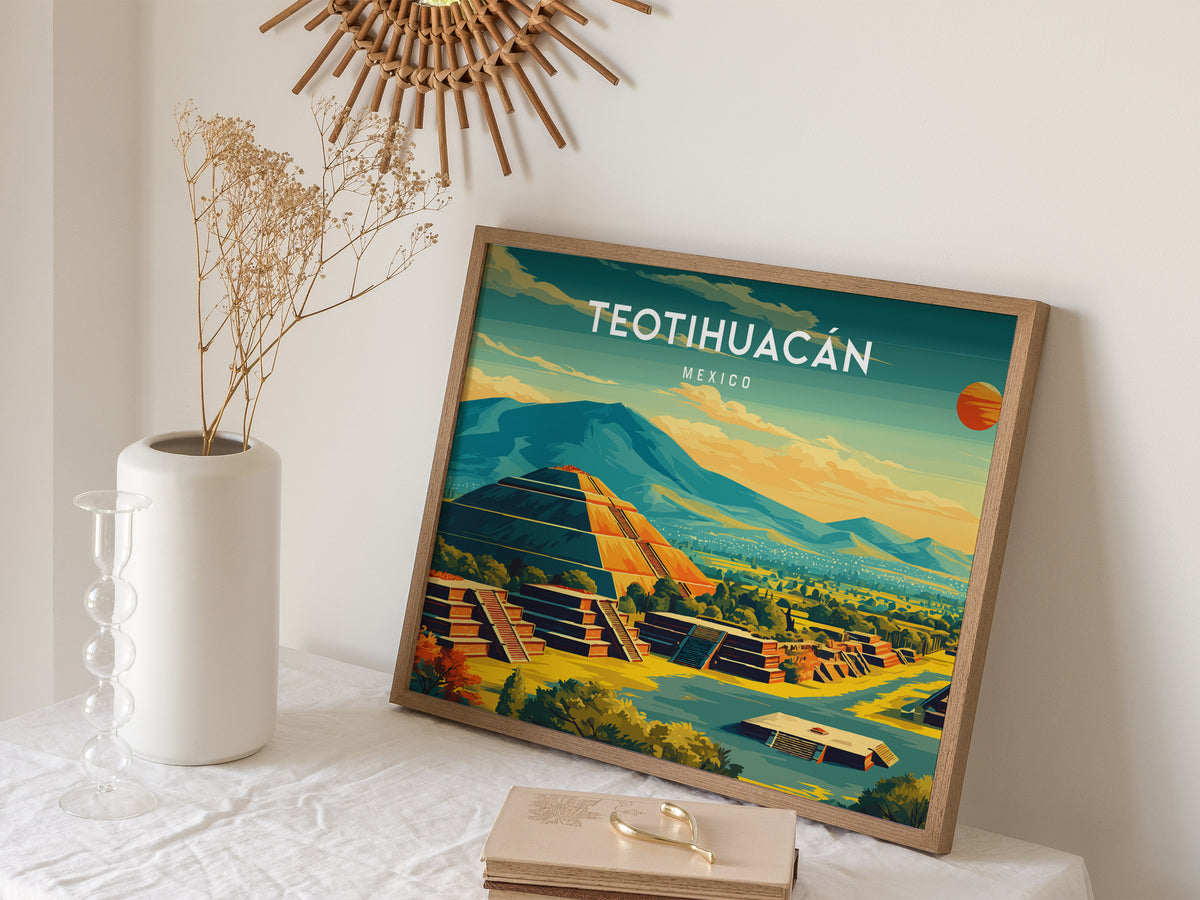Teotihuacán, Mexico Landscape Poster | Sun & Moon Pyramids Vacation Wall Art — 16x20 in